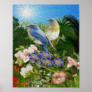 Póster Bonita pintura al aceite 2 pájaros entre flores