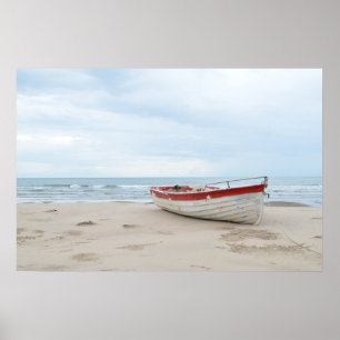 Póster Bonita playa Pequeño Bote Azul Océano Azul Cielo A