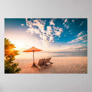 Póster Bonita puesta de sol en la playa de Las Maldivas