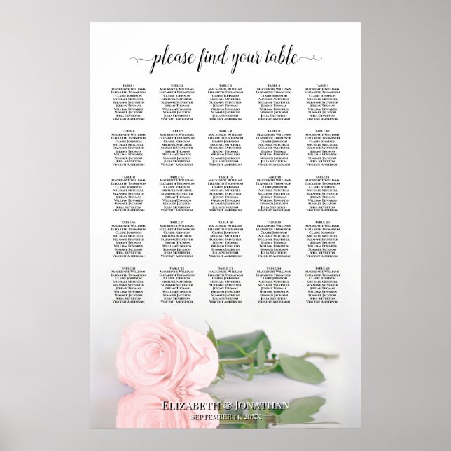 Póster Bonita tabla de asientos Boda rosa rosa de 25 mesa (Frente)