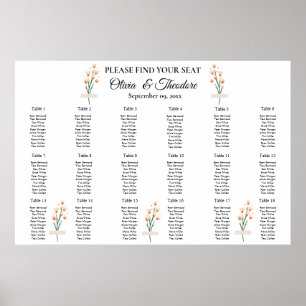 Póster Bonita tabla de asientos de Bodas de flores silves