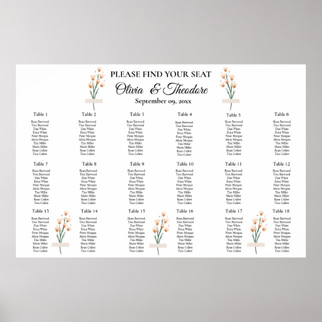 Póster Bonita tabla de asientos de Bodas de flores silves (Frente)