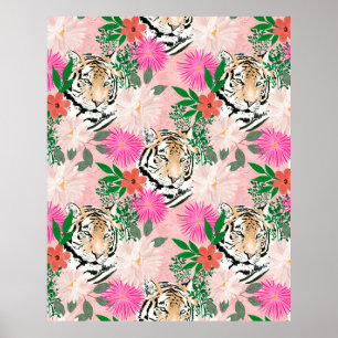 Póster Bonito acuarela Flor & Tigre Diseño rosa animal