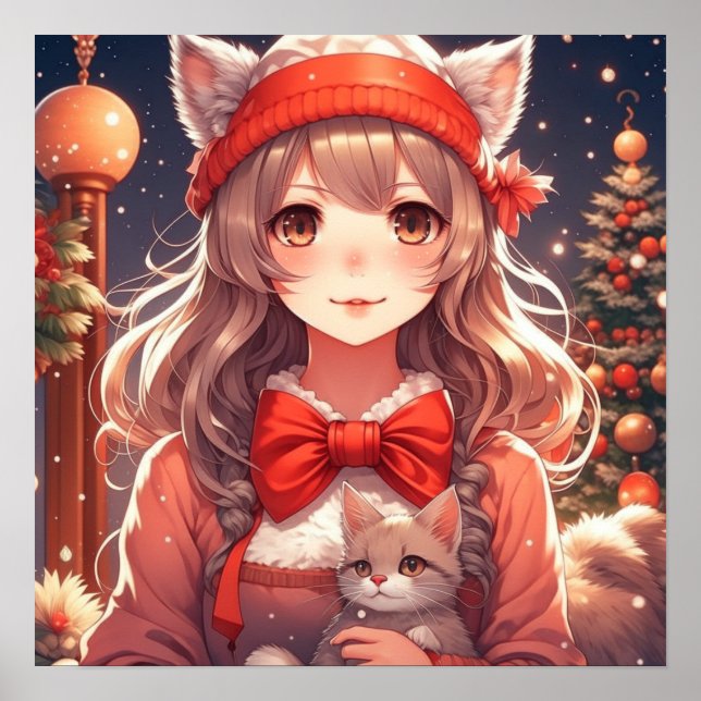 Póster Bonito Anime Chica Holding Navidades gatitos (Frente)