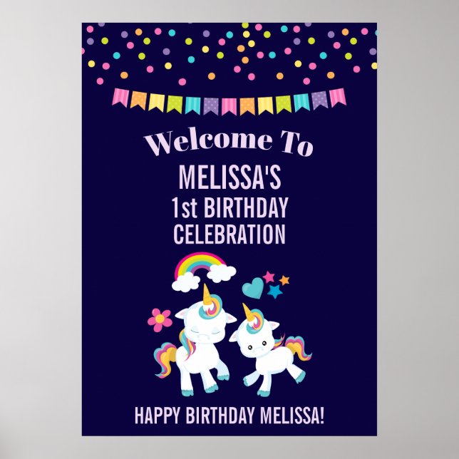 Póster Bonito baile Unicornio cumpleaños mágico arcoiris (Frente)
