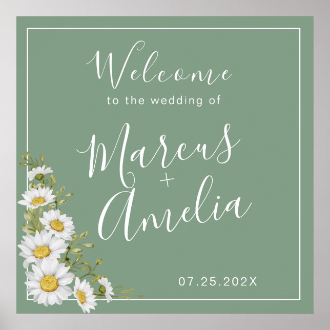 Póster Bonito Basil Boda de Daisies verdes y blancos (Frente)