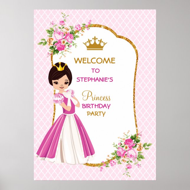 Póster Bonito Brunette Princess Birthday Party Poster (Frente)