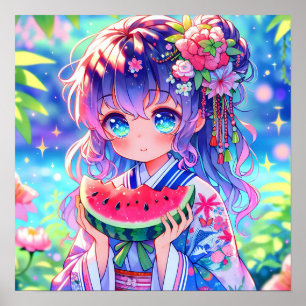 Póster Bonito Chica come sandía