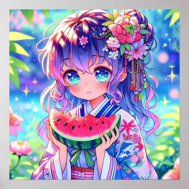 Póster Bonito Chica come sandía (Frente)