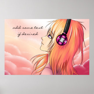 Póster Bonito chica de anime escuchando al poster musical