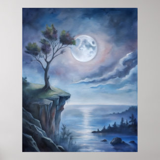 Póster Bonito Cliffside iluminado por la luna