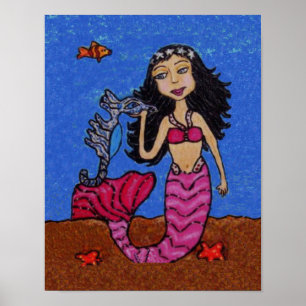 Póster Bonito Dark Haired Mermaid Seahorse Fish