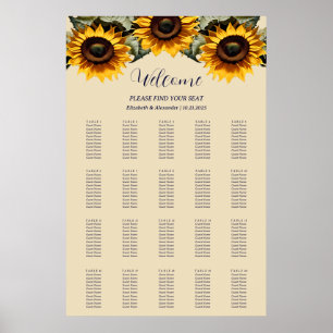 Póster Bonito elegante girasoles boda carta de asientos