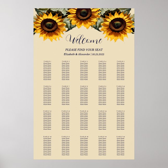 Póster Bonito elegante girasoles boda carta de asientos (Frente)