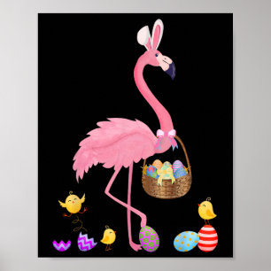 Póster Bonito Flamingo De Pascua Con Cesta De Pascua