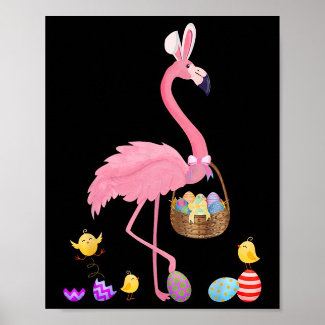 Póster Bonito Flamingo De Pascua Con Cesta De Pascua (Frente)