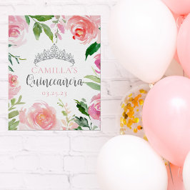 Póster Bonito Floral Quinceañera Plata Tiara Fiesta