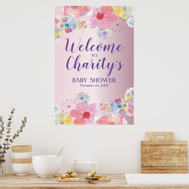 Póster Bonito Floral rosa Baby Shower (Cocina)