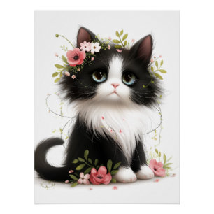 Póster Bonito gatito de Tuxedo con flores