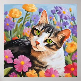 Póster Bonito gato con flores