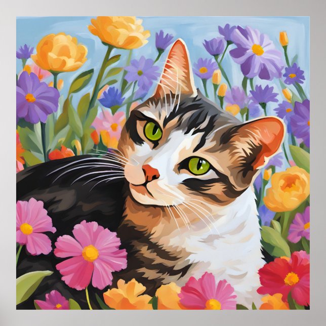 Póster Bonito gato con flores (Frente)