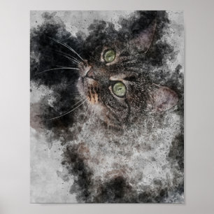 Póster bonito gato ojos grandes de color verde acuarela