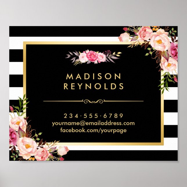 Póster Bonito marco floral dorado franjas blancas negras (Frente)