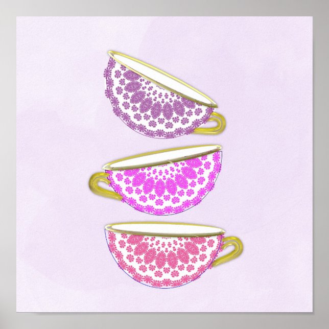 Póster Bonito morado rosado de China tazas de té Poster d (Frente)
