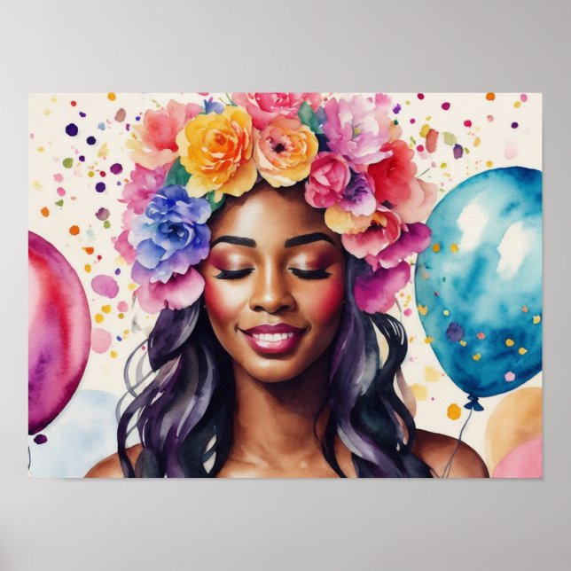 Póster Bonito Mujer negra Fiesta de globos coloridos (Frente)
