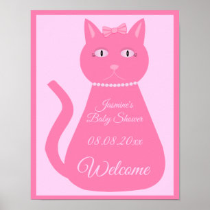 Póster Bonito Niña Rosa Personalizado Gato Baby Shower