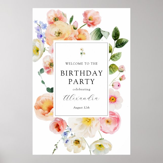 Póster Bonito Pastel Floral Bienvenida Cumpleaños (Frente)