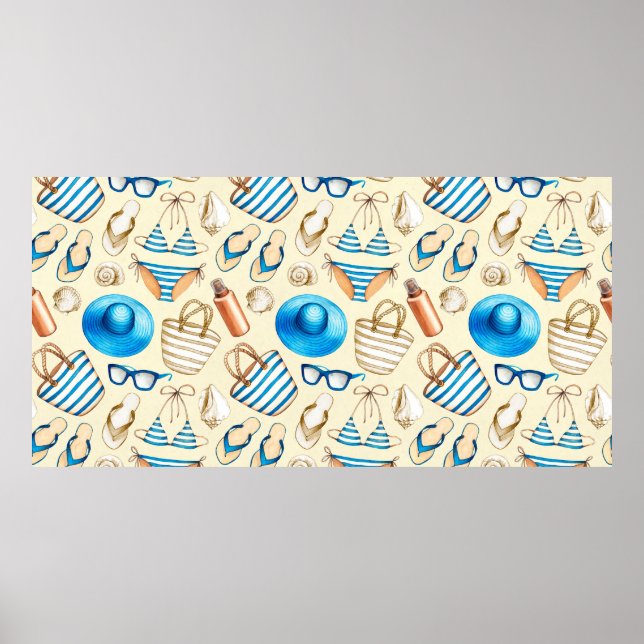 Póster Bonito patrón de verano con gafas, bikini, umbrel (Frente)