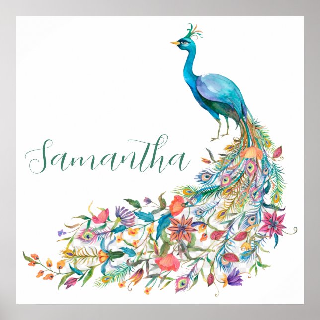 Póster Bonito pavo real azul acuarela I (Frente)