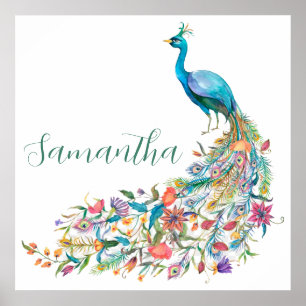 Póster Bonito pavo real azul acuarela I