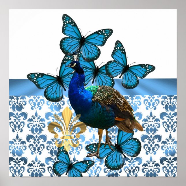 Póster Bonito Peacock y mariposas azules (Frente)