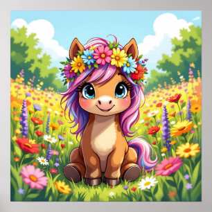 Póster Bonito Pony con flores
