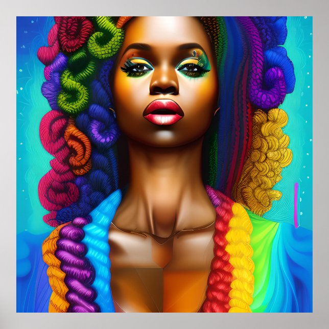 Póster Bonito Reina Arcoiris Cuelo Negro Melanin Afro (Frente)