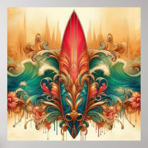 Póster Bonito surfboard elegante verano color océano