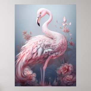 Póster Bonito Surreal Resumen Flamingo rosa en gris