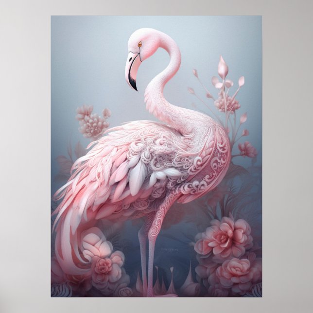 Póster Bonito Surreal Resumen Flamingo rosa en gris (Frente)