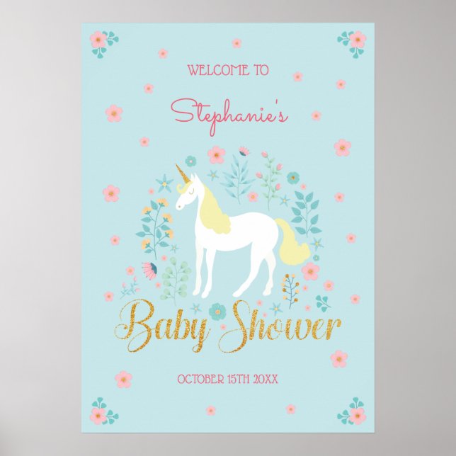 Póster Bonito Unicorn Gold Purpurina Baby Shower (Frente)