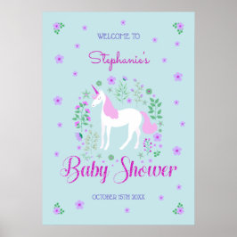 Póster Bonito Unicorn Pink Aqua Baby Shower personalizado