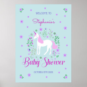 Póster Bonito Unicorn Pink Aqua Baby Shower personalizado