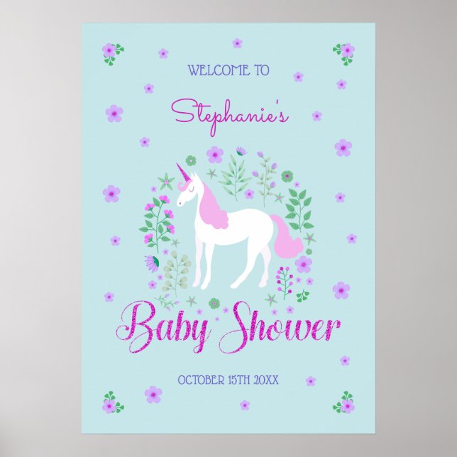 Póster Bonito Unicorn Pink Aqua Baby Shower personalizado (Frente)