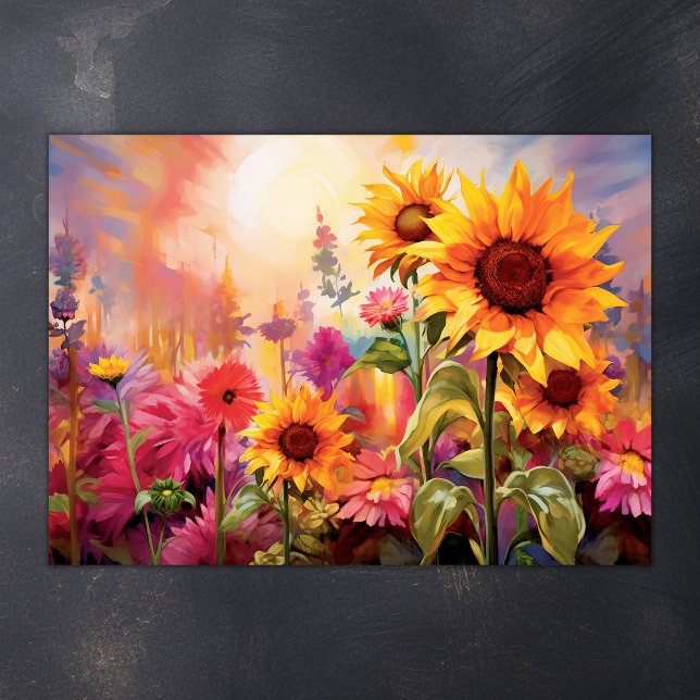 Póster Bonitos girasoles en campo de flores coloridas (Pretty Sunflowers in Field of Colorful Flowers Poster)