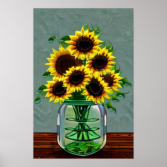 Póster Bonitos girasoles en jarrones de vidrio (Frente)