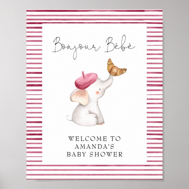 Póster Bonjour Bebe French Elephant Welcome Baby Shower (Frente)