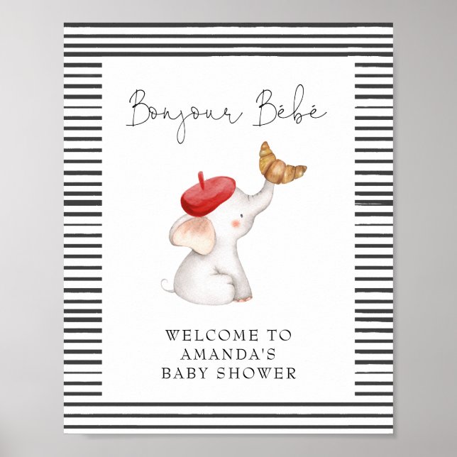 Póster Bonjour Bebe French Elephant Welcome Baby Shower (Frente)