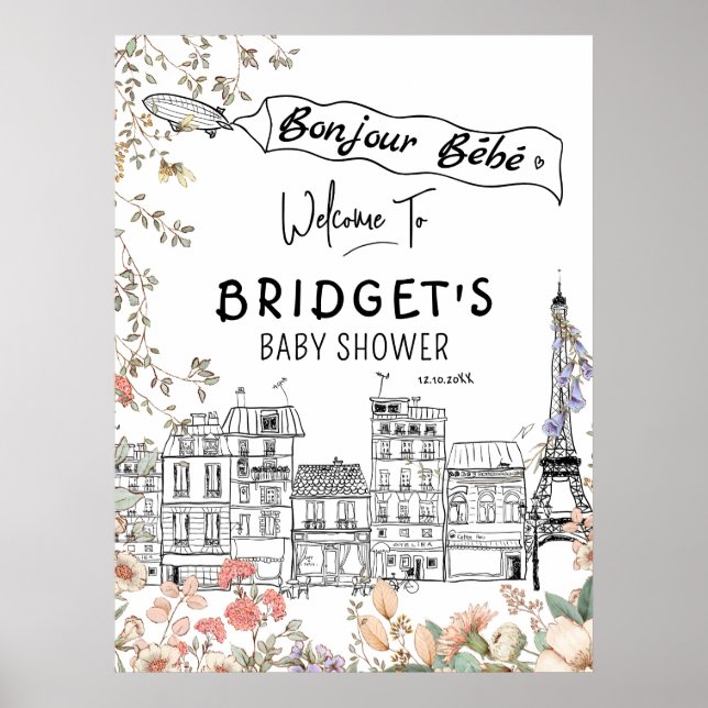 Póster Bonjour Bebe Género Neutral Baby Shower Bienvenida (Frente)