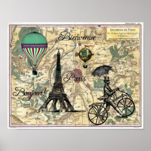 Póster Bonjour De Paris Mapa de Vintage Imprimir